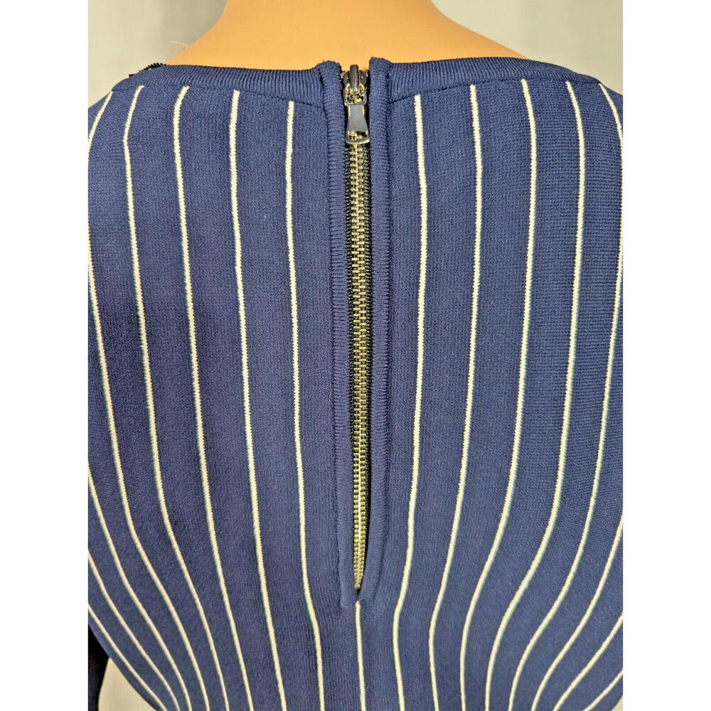 NWT MILLY Pinstripe Dress Navy/White Size L Flair Skirt Party Cocktail Workwear - Picture 6 of 9